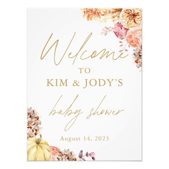Impression Photo Petit Citrouille Automne Baby shower Floral Bienve (Devant)