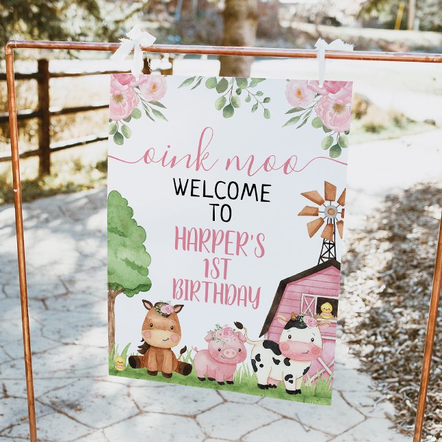 Impression Photo Pink Floral Grange ferme animal Affiche de bienven (Oink moo, pink farm 1st birthday welcome sign with pink barn, cute farm animals and pink flowers.)