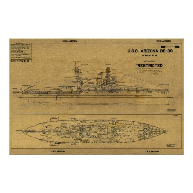 Impression Photo Plan de 1934 de l'ARIZONA Battleship des États-Uni (Devant)