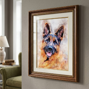 Impression Photo Portrait d'aquarelle de chien berger allemand 01
