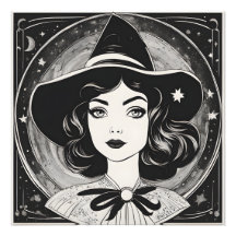 Portrait de sorcière vintage noir et blanc rétro