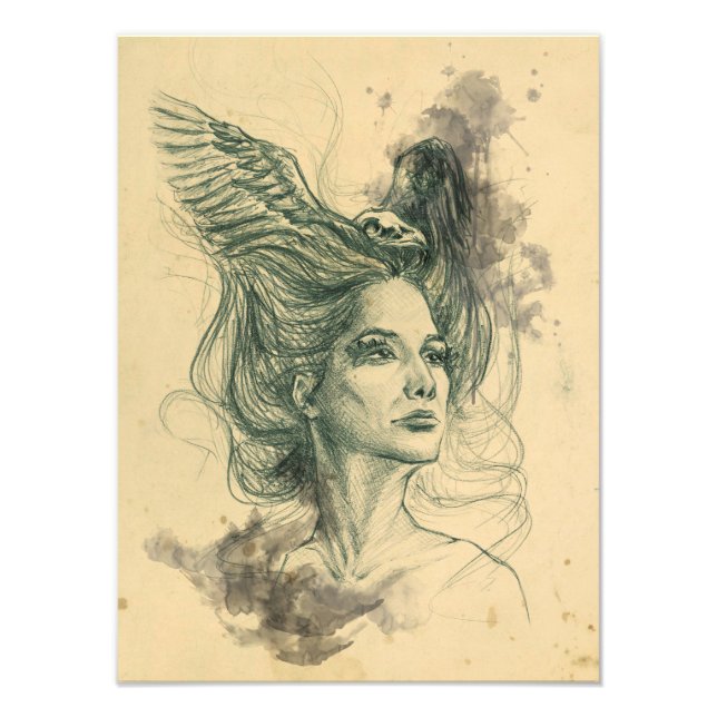 Impression Photo Portrait femme oiseau crâne et ailes Art Surreal (Devant)