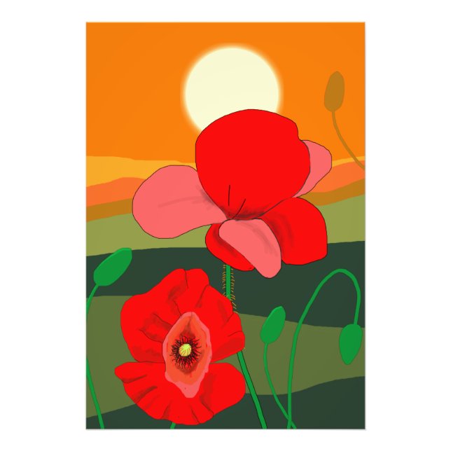Impression Photo Prairie de coquelicots au coucher du soleil  (Devant)