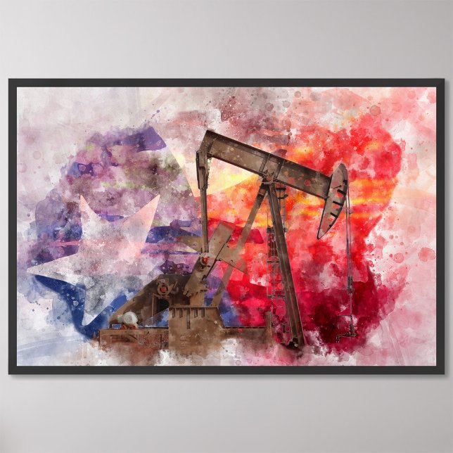 Impression Photo Pumpjack Texan icône aquarelle avec Texas Flag (Créateur téléchargé)