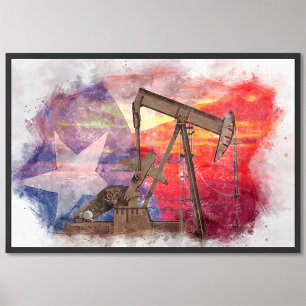 Impression Photo Pumpjack Texan icône dessin pastel avec Texas Flag