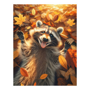 Impression Photo Raccoon Jouer dans les feuilles d'automne