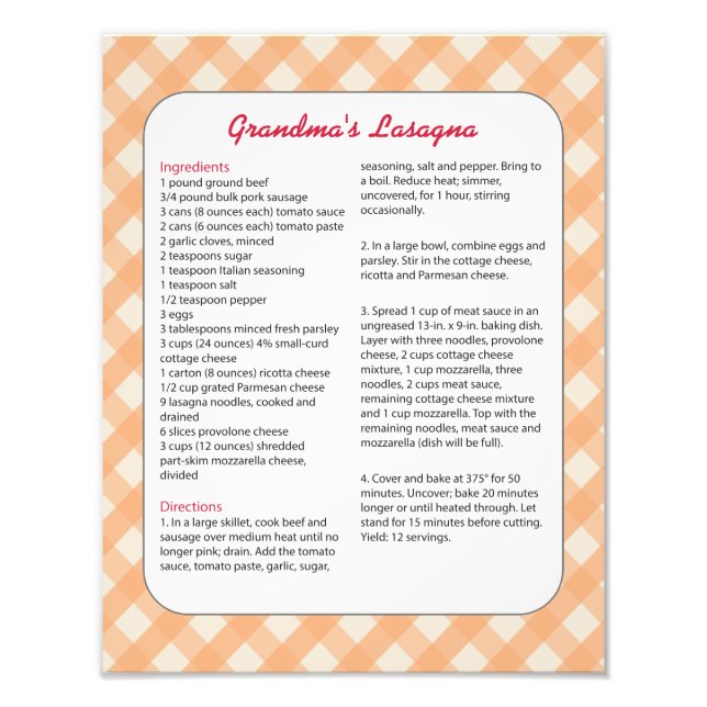 Impression Photo Recette préférée de la famille Retro - Lasagna (Devant)