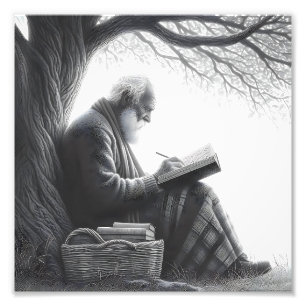 Impression Photo Réflexion intemporelle Homme âgé avec Lecture Blan