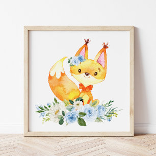 Impression Photo Renard, Animaux des bois, Boho, Fleurs bleues