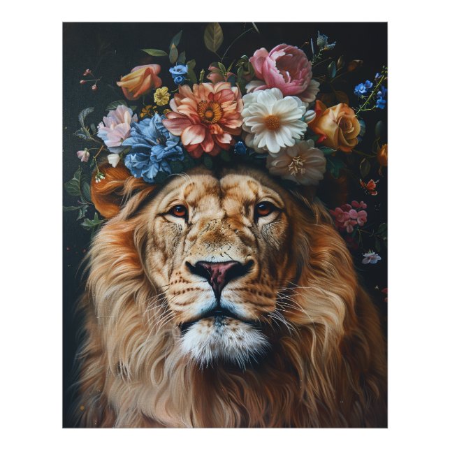 Impression Photo Roi super : Lion rétro à couronne florale (Devant)