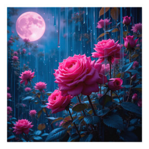 Impression Photo Roses roses vives dans un jardin pluvieux éclairé 