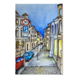 Impression Photo Rue nocturne de Prague, aquarelle