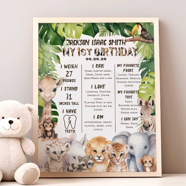 Impression Photo Safari Animaux Baby Boy 1er Milestone (Safari Animals boy 1st birthday milestone poster.)
