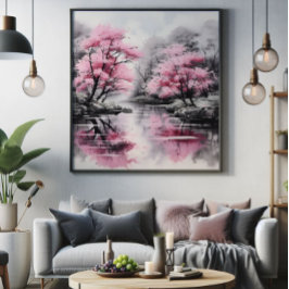 Impression Photo Sakura sur la peinture à l'encre de rivière