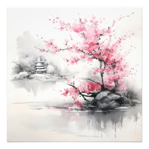 Impression Photo Sakura sur la peinture à l'encre du lac