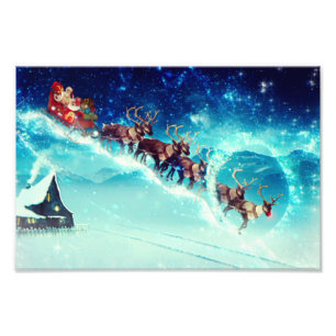Impression Photo Santa Claus Flying with Reindeer
