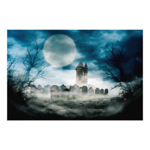 Impression Photo Scène Helloween. Maison hantée sur un cimetière.