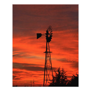 Impression Photo Silhouette de moulin à vent Kansas coucher de sole