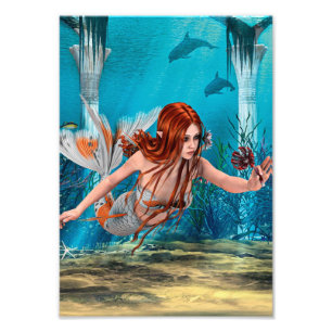 Impression Photo Siren aux Cheveux Rouges Art Fantastique Sous-Mari