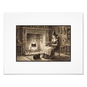 Impression Photo Sorcière Antique Vintage et Chat Noir lisant un Li