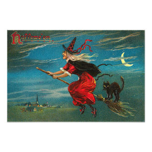 Impression Photo Sorcière Chat Noir Volant Croissant de Lune