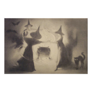 Impression Photo Sorcière Sépia Chauve-Souris Nuit Chaudron Chat No