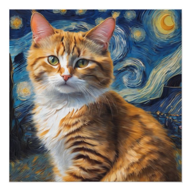 Impression Photo Starry Night Art with a Cat (Devant)