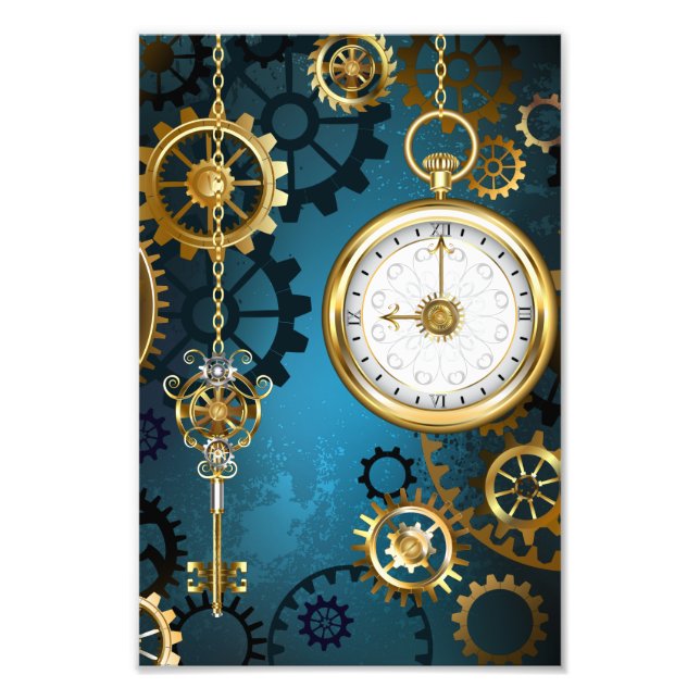 Impression Photo Steampunk Arrière - plan turquoise avec Gears (Devant)