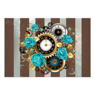 Impression Photo Steampunk Clock and Turquoise Roses on Striped