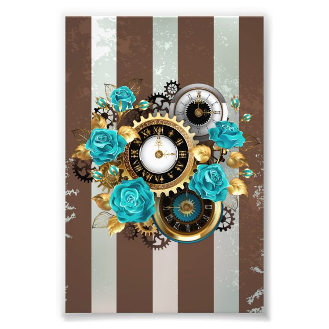 Impression Photo Steampunk Clock and Turquoise Roses on Striped (Devant)