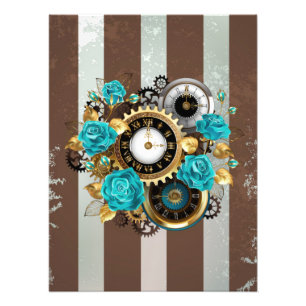 Impression Photo Steampunk Clock and Turquoise Roses on Striped