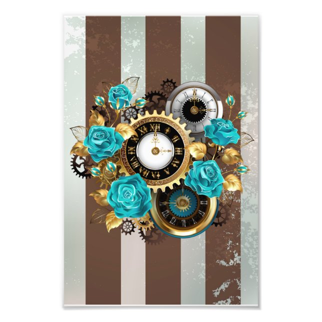 Impression Photo Steampunk Clock and Turquoise Roses on Striped (Devant)