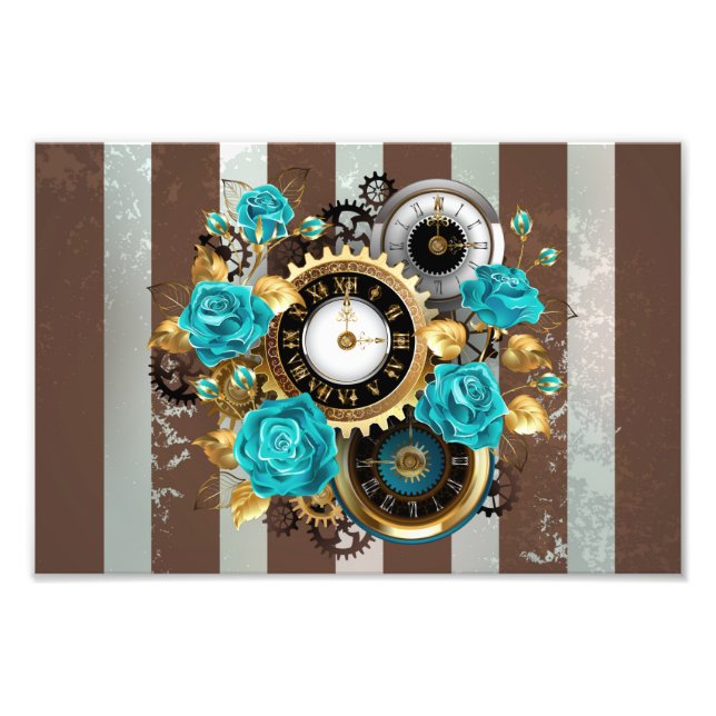 Impression Photo Steampunk Clock and Turquoise Roses on Striped (Devant)