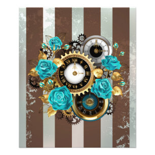 Impression Photo Steampunk Clock and Turquoise Roses on Striped