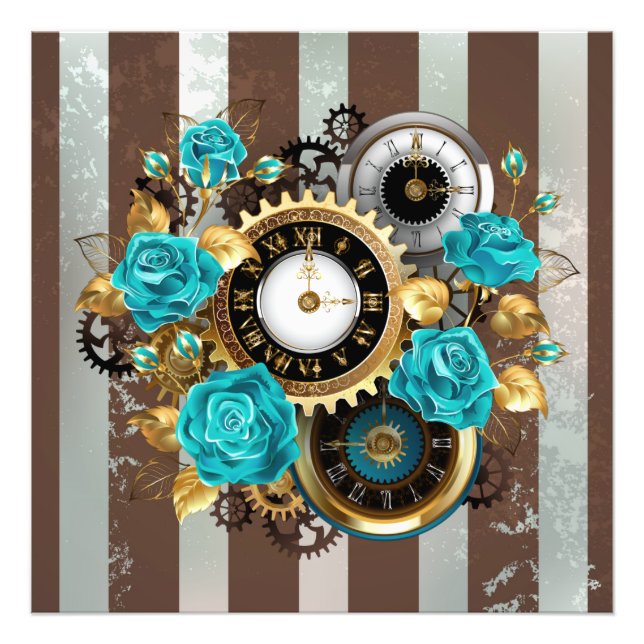 Impression Photo Steampunk Clock and Turquoise Roses on Striped (Devant)