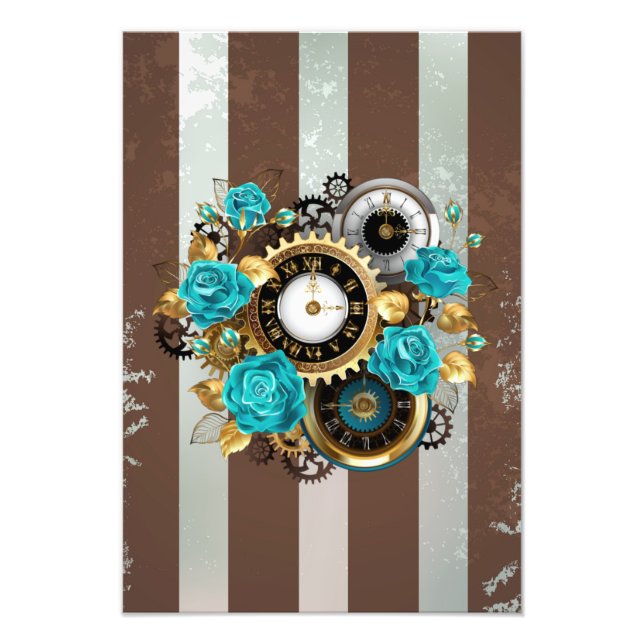 Impression Photo Steampunk Clock and Turquoise Roses on Striped (Devant)