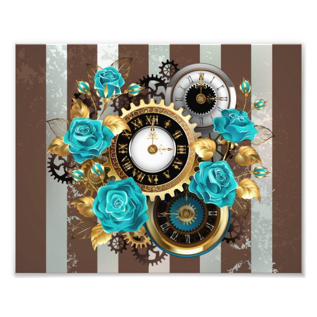 Impression Photo Steampunk Clock and Turquoise Roses on Striped (Devant)