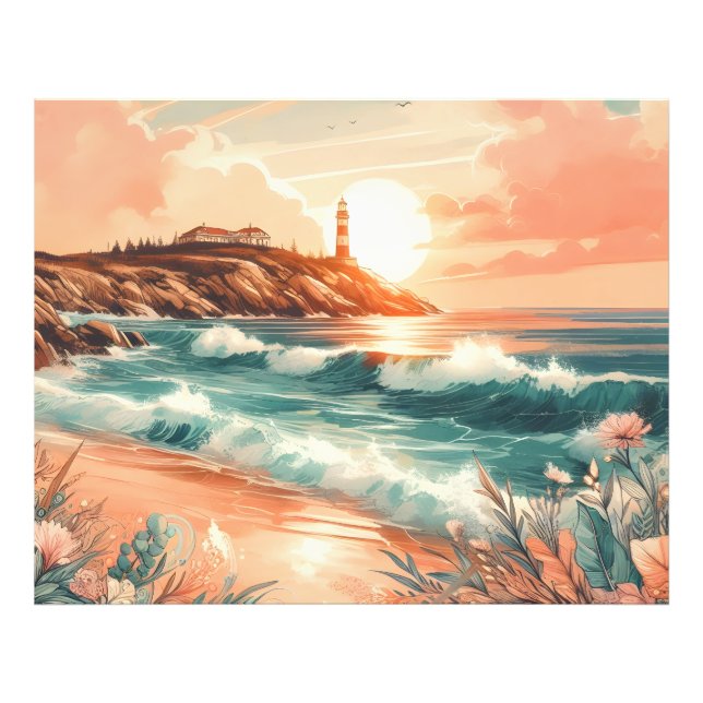 Impression Photo Sunset Lighthouse Ocean Beach Boho Floral (Devant)