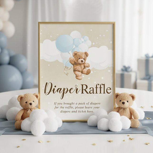 Impression Photo Teddy Bear with Blue Balloons Diaper Raffle Sign (Dusty Blue Teddy Bear Diaper Raffle Sign | Dusty Blue Teddy Bear Baby Shower)