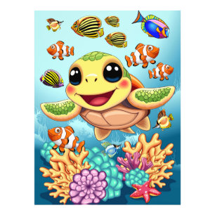 Impression Photo Tortue de mer Bébé heureux et mignonne personnage
