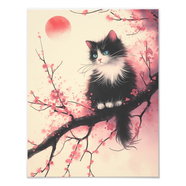 Impression Photo Tuxedo Chat sur la fleur de cerise esthétique japo (Devant)