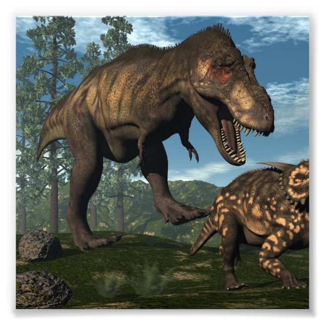 Impression Photo Tyrannosaurus rex attaque einiosaurus dinosaure (Devant)