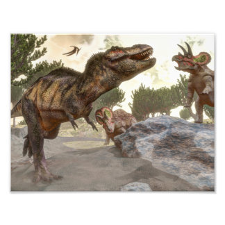 Impression Photo Tyrannosaurus rex s'échappant d'une attaque de tri