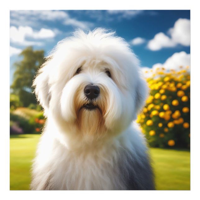 Impression Photo Um Old English Sheepdog no Jardim Florido (Devant)