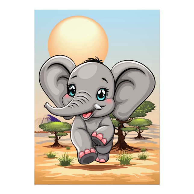 Impression Photo Un bébé éléphant qui sonne heureux dans la savane  (Devant)