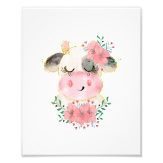 Impression Photo Vache à l'aquarelle avec des fleurs