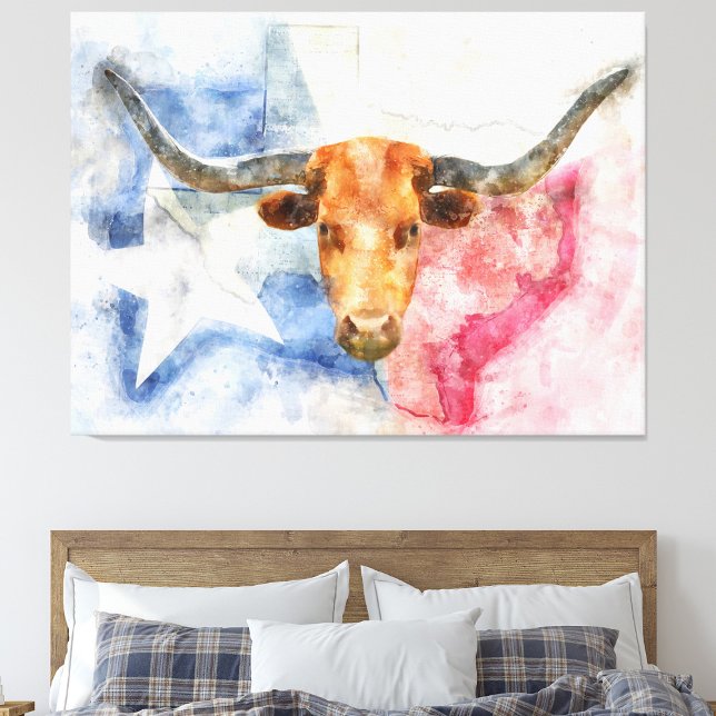 Impression Photo Vache Longhorn avec carte du Texas et drapeau aqua (Créateur téléchargé)
