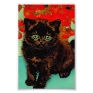 Impression Photo Van Gogh Chat noir Fleurs rouges