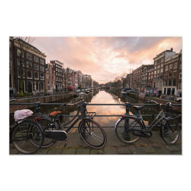 Impression Photo Vélos au coucher du soleil à Amsterdam (Devant)