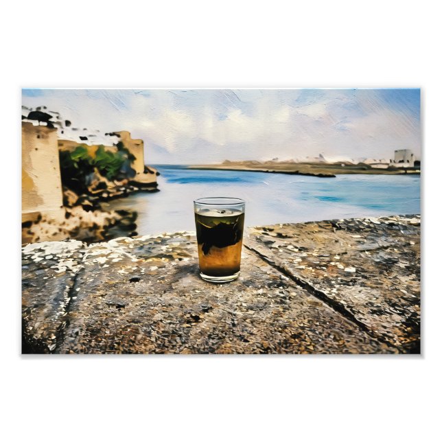 Impression Photo Verre de thé avec Arrière - plan Pittoresque côtie (Devant)